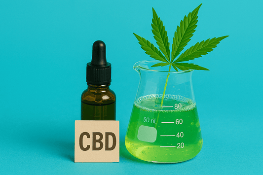 CBD oil bottle, green lab vial and hemp leaf