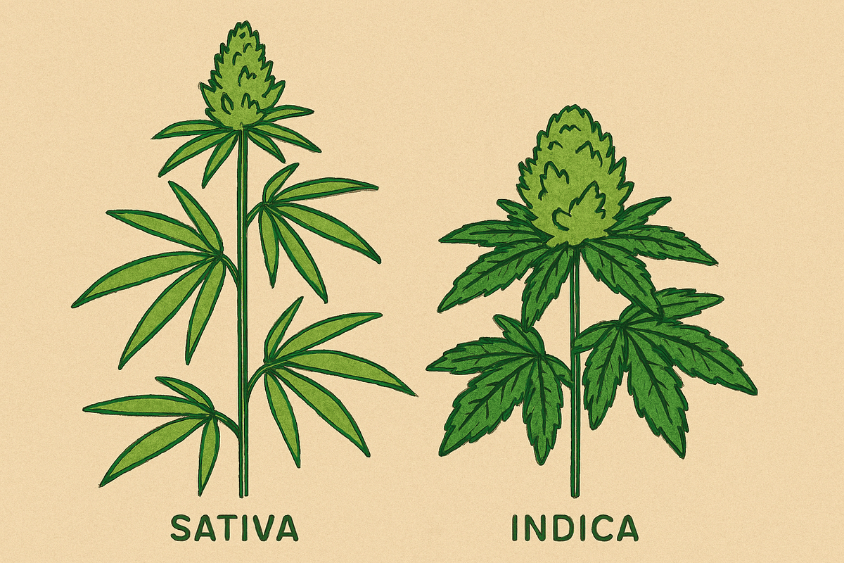 Comparative illustration of CBD Sativa and Indica flowers