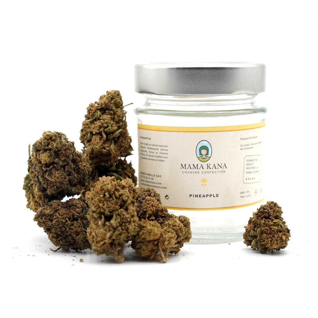 Fleurs de Chanvre CBD – Pineapple Express cultivée en Indoor (Intérieur) sur un fond blac à coté de son packaging