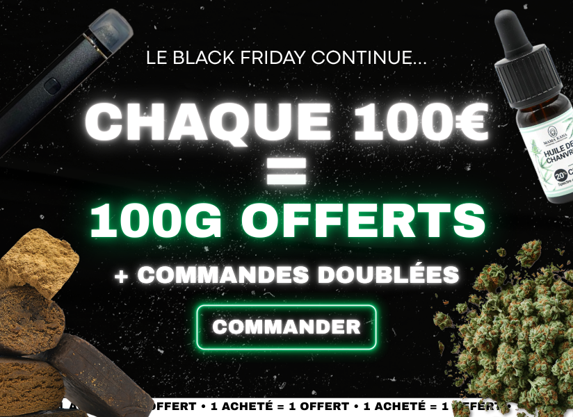 Black Friday: 100€ gastados = 100g de flores de CBD gratis + ¡pedidos duplicados! 🔥