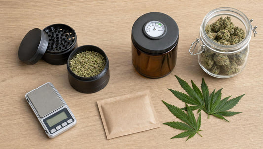 Grinder, bocal avec hygromètre, balance de poche et fleurs CBD vus de dessus