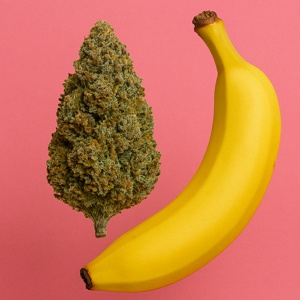Banana Kush avec une banane sur fond rose