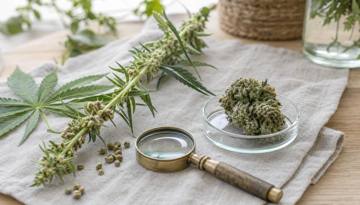 Tige de chanvre industriel et fleur de CBD côte à côte : une seule espèce, deux usages