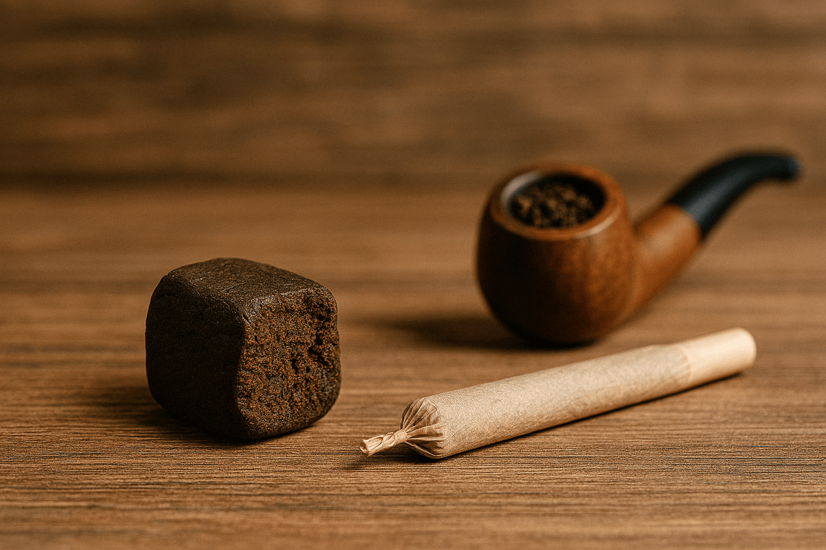 Blok smole CBD, valjani spoj in lesena cev na mizi