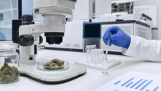 Fleur de CBD dans une boîte de Petri sous microscope dans un laboratoire d'analyse