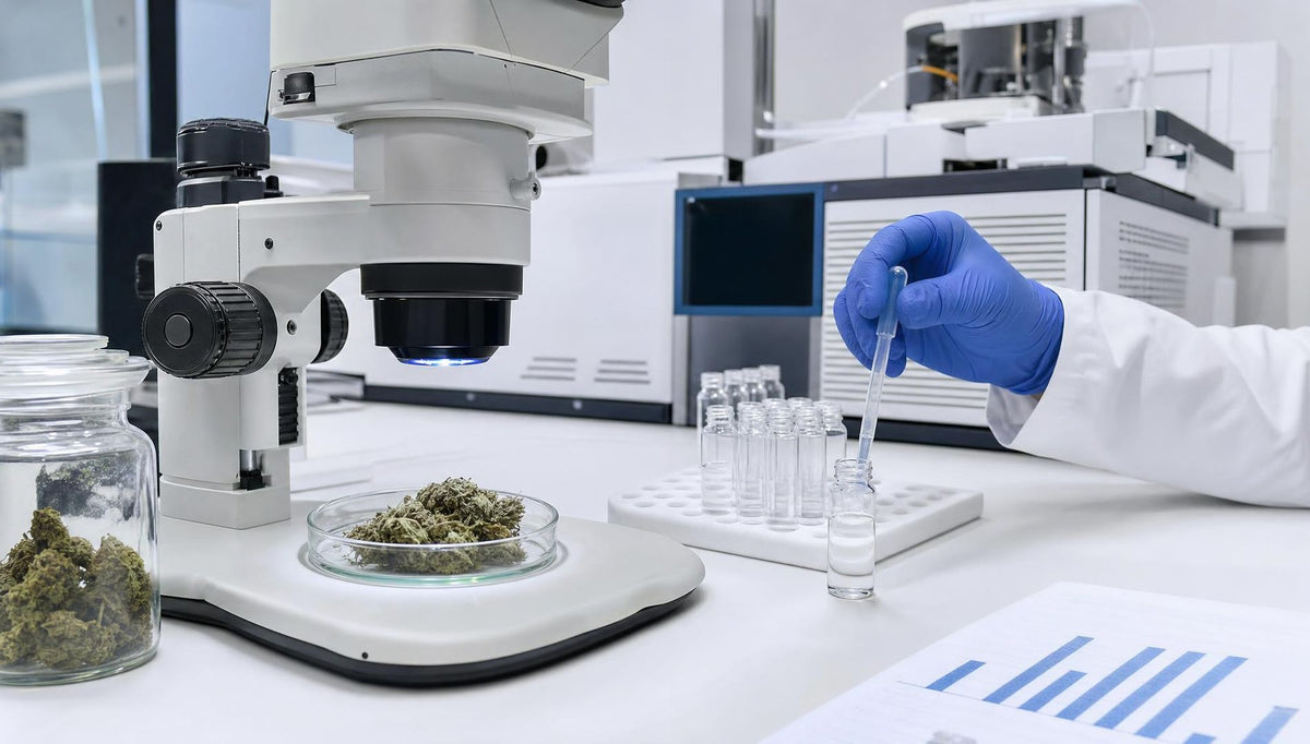 Fleur de CBD dans une boîte de Petri sous microscope dans un laboratoire d'analyse
