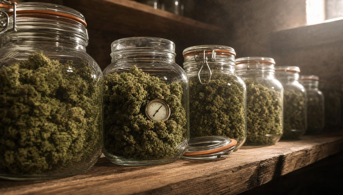 Glasburkar med CBD-blommor som mognar på en trähylla