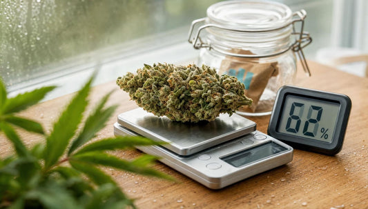 Fleur de CBD sur une balance à côté d'un hygromètre affichant le taux d'humidité