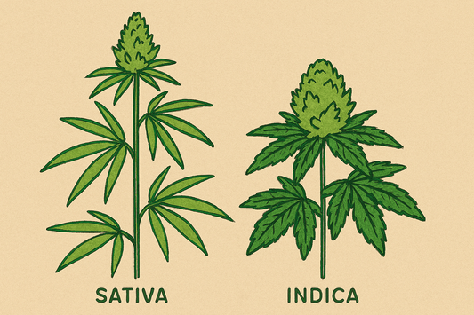 Ilustração comparativa das flores CBD Sativa e Indica