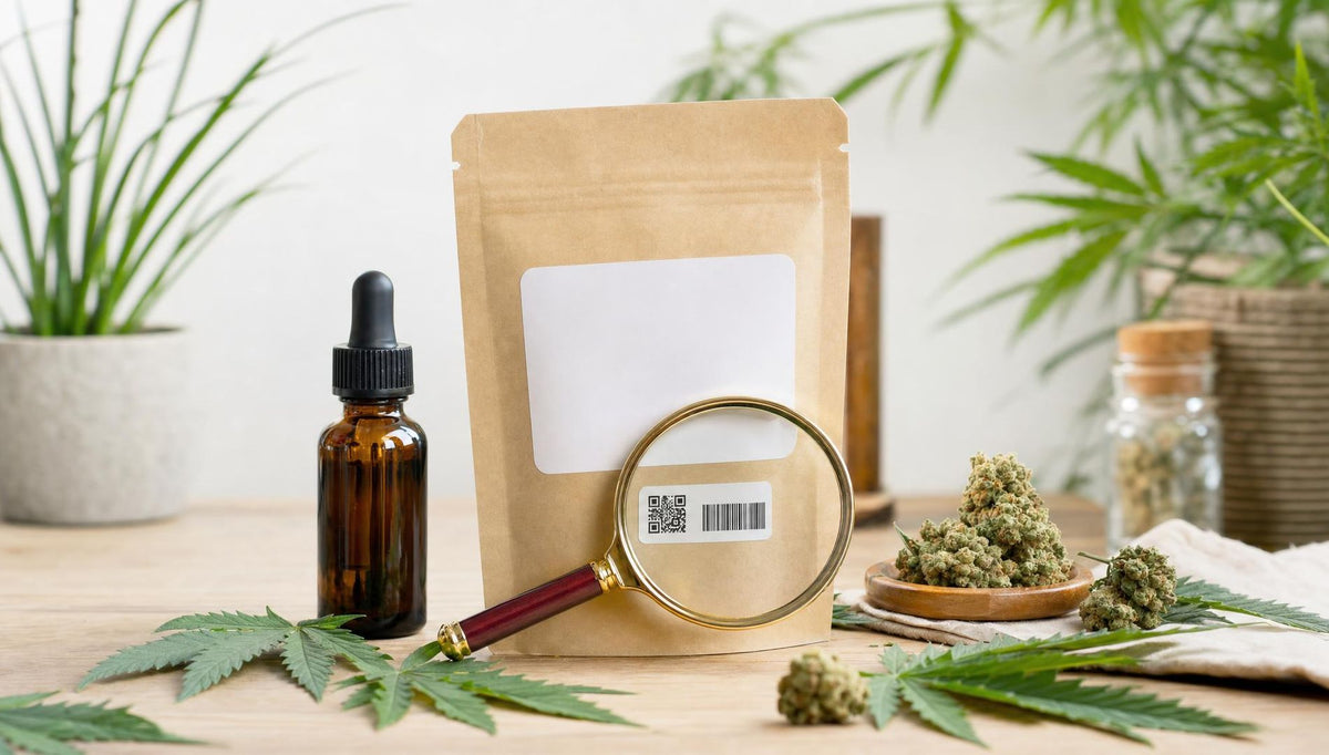 Sachet de fleurs CBD avec étiquette, QR code et code-barres examinés à la loupe