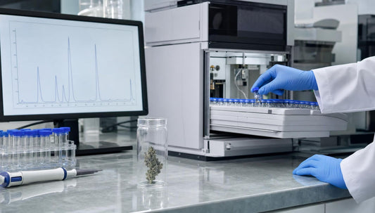Laboratoire d'analyse : vial de fleur de CBD, chromatographe HPLC et chromatogramme à l'écran